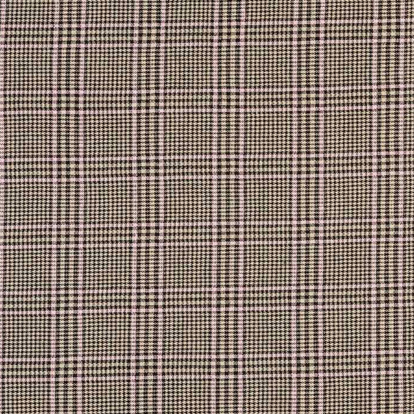 A close-up of a fabric pattern with a black and white micro-checkered grid that forms vertical taupe-brown plaid stripes, with a wooden ruler at the bottom showing scale.