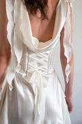 Close up back image of pearl white two-piece corset dress. Australian-made with worldwide delivery available.