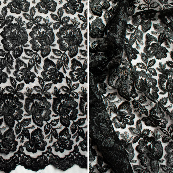 Black floral lace fabric shown in a close-up split view, with one side displaying the flat pattern and the other showing the gathered ruffled edge.