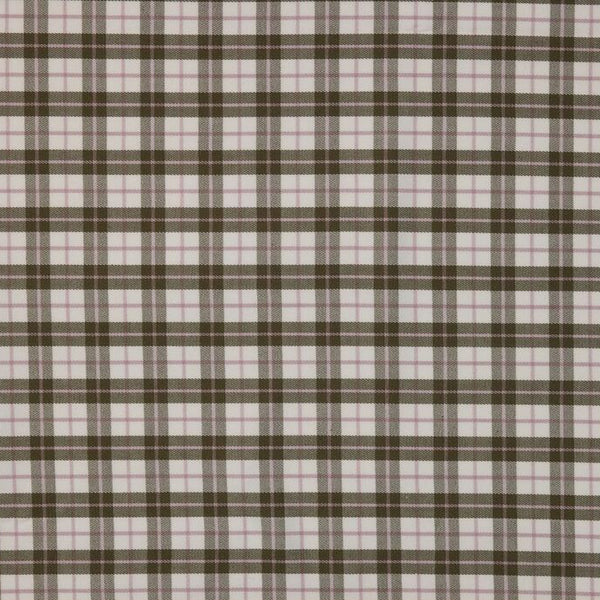 A close-up of a plaid fabric pattern with dark brown and olive green vertical and horizontal stripes over a white background, with a wooden ruler visible along the bottom edge for scale.