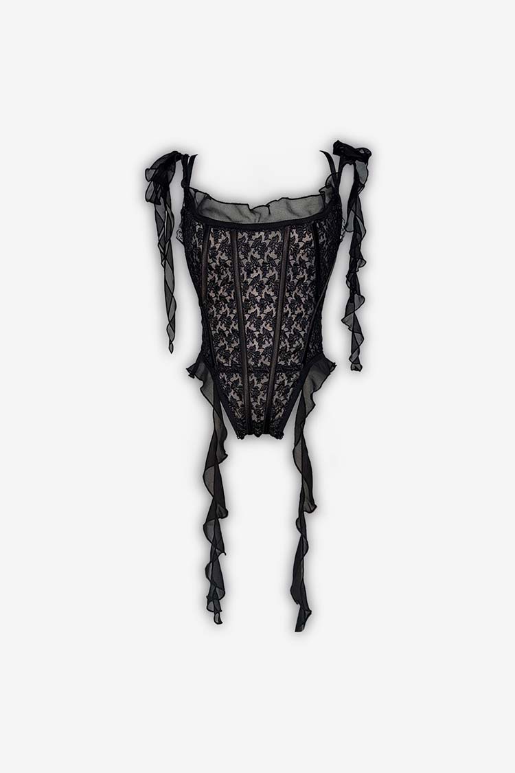 Flat lay image of the Poiset Allure  sheer lace corset in Black. Made to measure and handcrafted in Australia - Available Worldwide. 