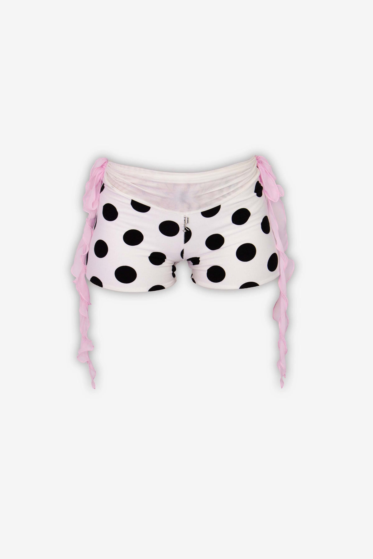 Flat lay image of Poiset's Tempt polka mirco shorts in white with black polka - these stretch shorts are crafted from double layered buttery stretch jersey. 