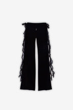 Flat lay image of Softly stretch jersey trousers in Black. Crafted from double layered jersey fabric with soft power-mesh waistband and adjustable signature chiffon drawstrings. 