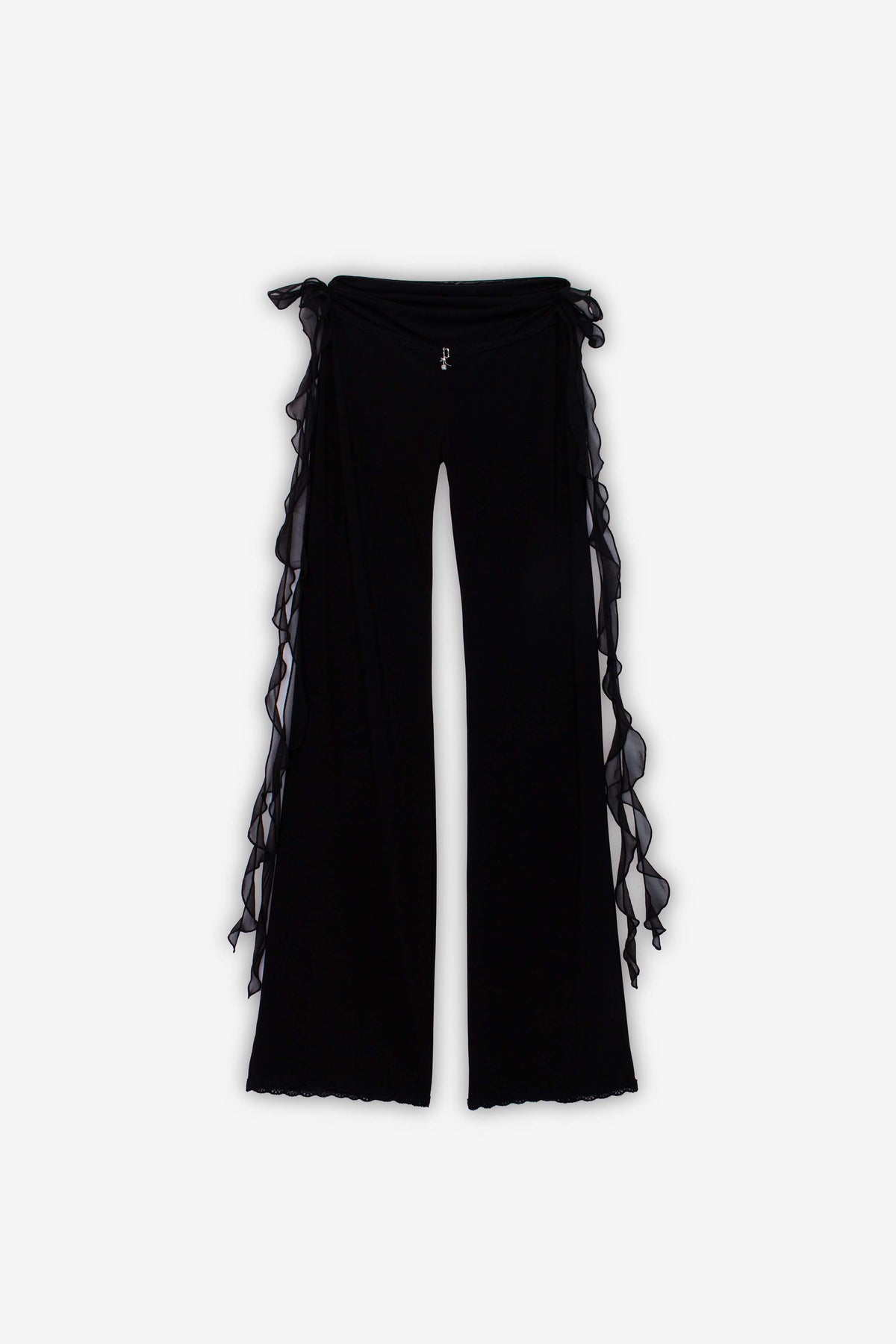 Flat lay image of Softly stretch jersey trousers in Black. Crafted from double layered jersey fabric with soft power-mesh waistband and adjustable signature chiffon drawstrings. 