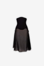 Flat-lay image of Black Vow under-bust waist cincher corset with detachable skirt panels. Made to Order & Made to Measure designer pieces - Handmade in Australia & available worldwide.