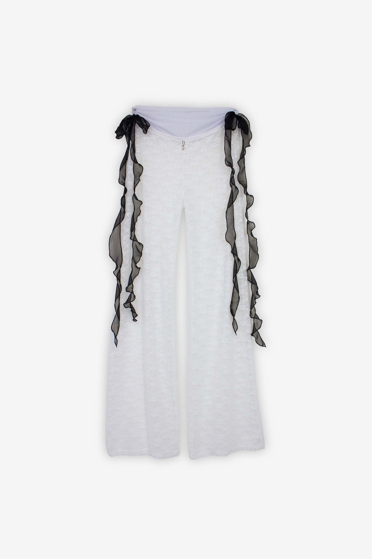 Poiset Muse white sheer lace pants with mesh waistband. Built in briefs available.  Made to order with custom requests available. 