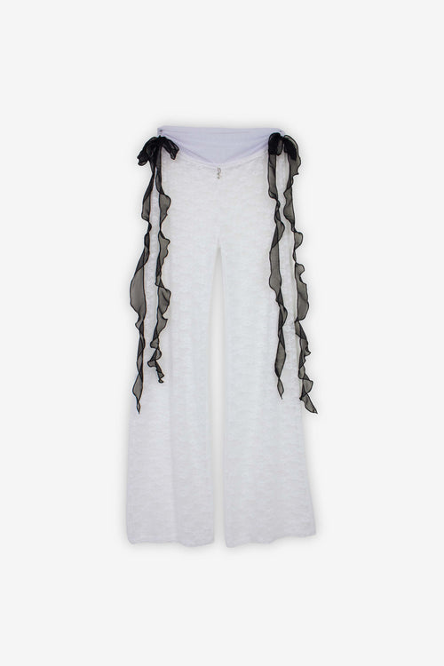 Poiset Muse white sheer lace pants with mesh waistband. Built in briefs available.  Made to order with custom requests available. 